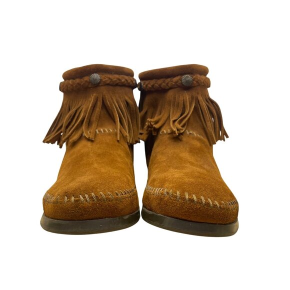 Minnetonka Women’s Dusty Brown Suede Zip Closure Fringe Ankle Boots Size 9 - Picture 2 of 9
